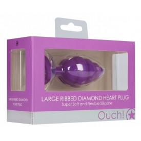 Фиолетовая анальная пробка Large Ribbed Diamond Heart Plug - 8 см.